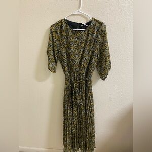NWT Baltic Born Floral Pleated Midi Dress Yellow Black Belted Medium‎